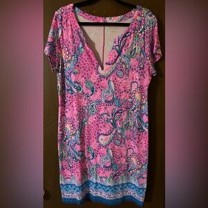 Lilly Pulitzer Hot Pink Paisley V‑Neck Mini Dress with Blue & Green Accents